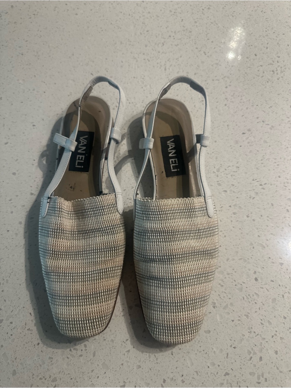 Vintage 90s Vaneli Ivory Taupe White Woven Crochet Slingback Flats 8